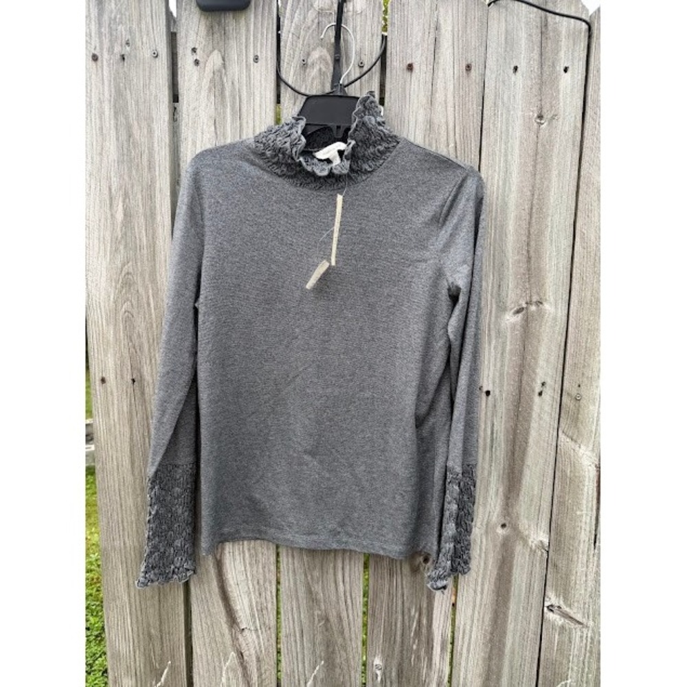 Victorian Dark Academia Madison Hill Top Medium Gray Smocked Mock Neck Lurex